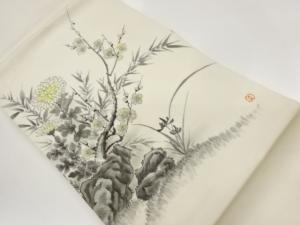 作家物　塩瀬手描き菊梅に草花模様名古屋帯